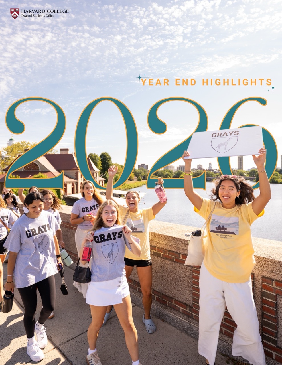 Front cover art of the year-end highlights report with first-year students and PAFs crossing the Anderson bridge to the Harvard Allston campus.