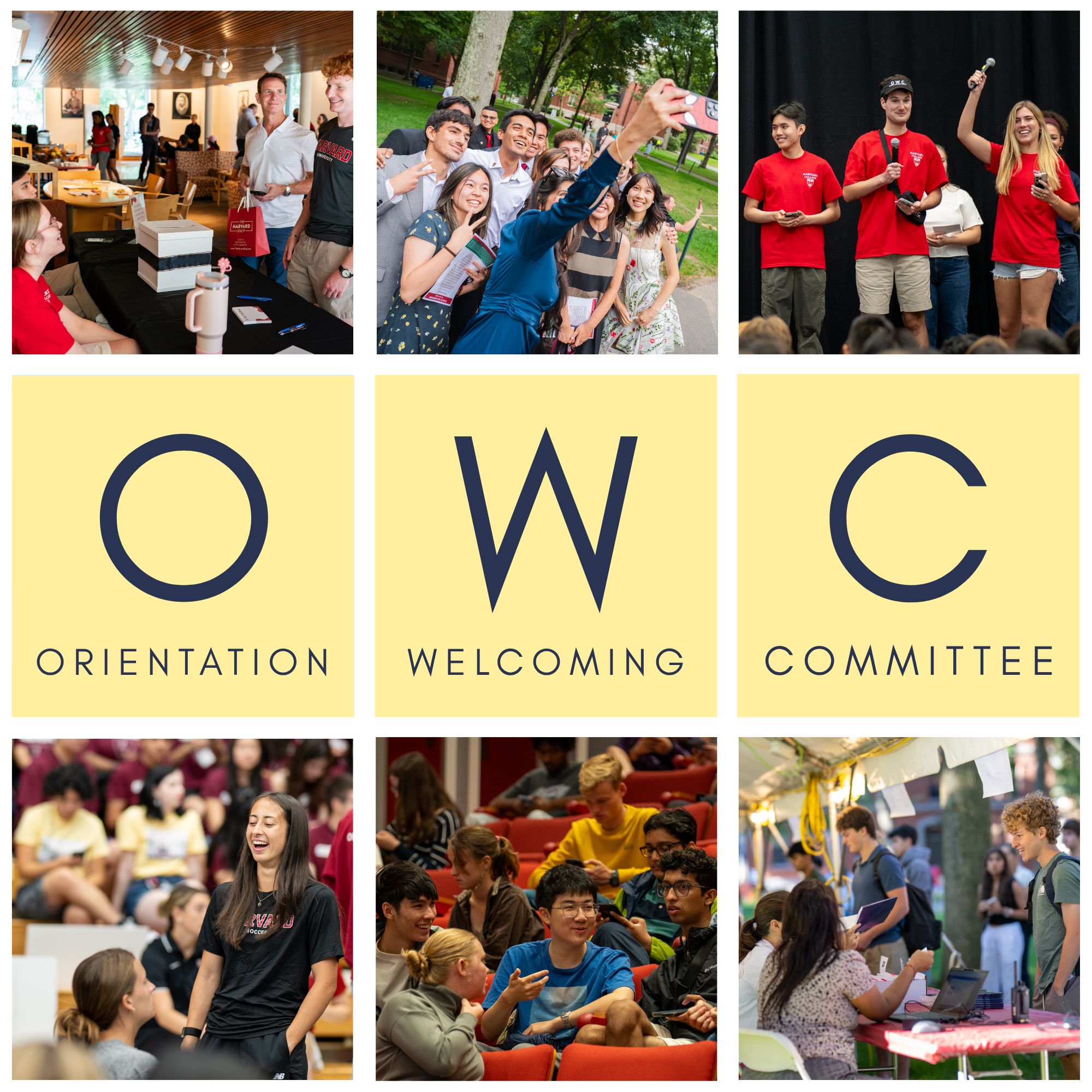 Orientation Welcoming Committee flyer with various Images taken from Orientation with students checking in, presenting, connecting with friends, and taking pictures at Convocation