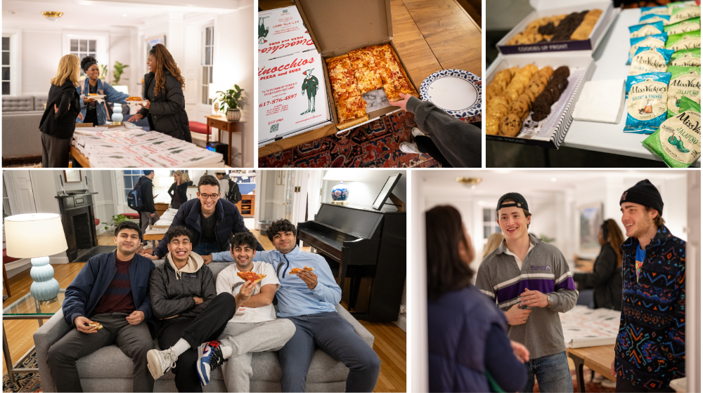 A photo collage of students at Dean Dunne's residence eating Pinnochio's pizza during Housing Day Eve in 2024.