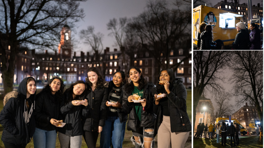 A collage of photos from Housing Day Eve 2024, where the DSO parked food trucks out on the MAC Quad for students to enjoy a meal.
