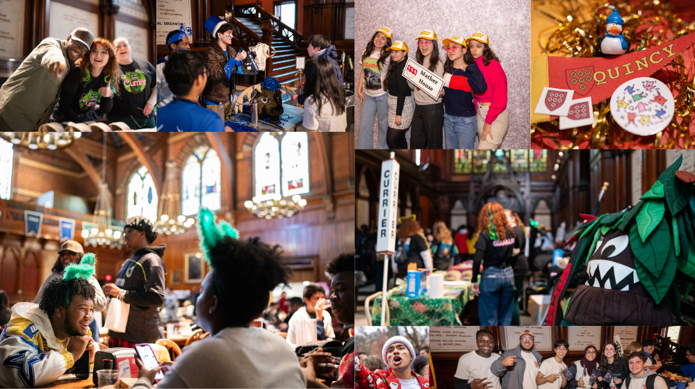 A collage of photos from on Housing Day in the Memorial Hall transcept tabling with SWAG for the first-year students who recently received their Housing assignments.