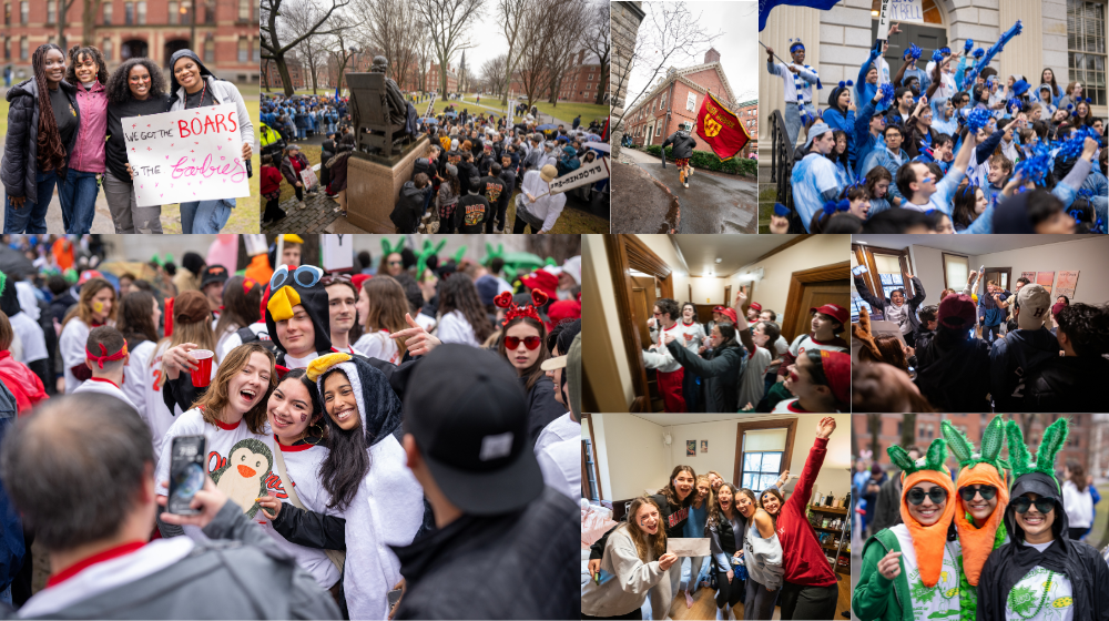 A collage of students gathered around the John Harvard statue in front of University Hall on Housing Day with their House gear and signs.