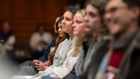 Students sit in the crowd at Sanders Theatre listening to speaker, Jordan Klepper.