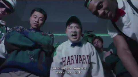 Still from Currier House's 2025 Housing Day video with students huddled together.