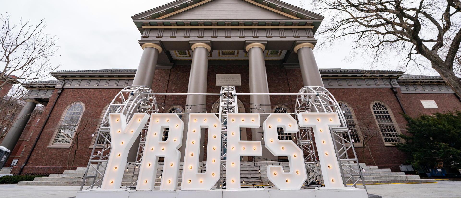 Memorial Church with the large light-up Yardfest letters on memorial church steps.
