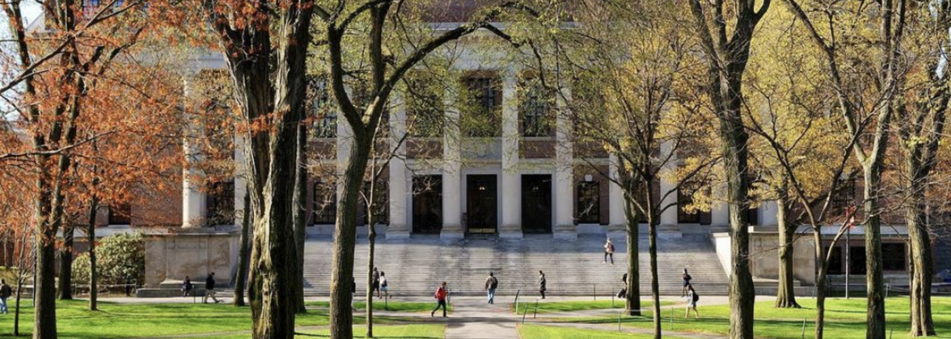 Widener Library behind the fall trees in Tercentenary Theater.