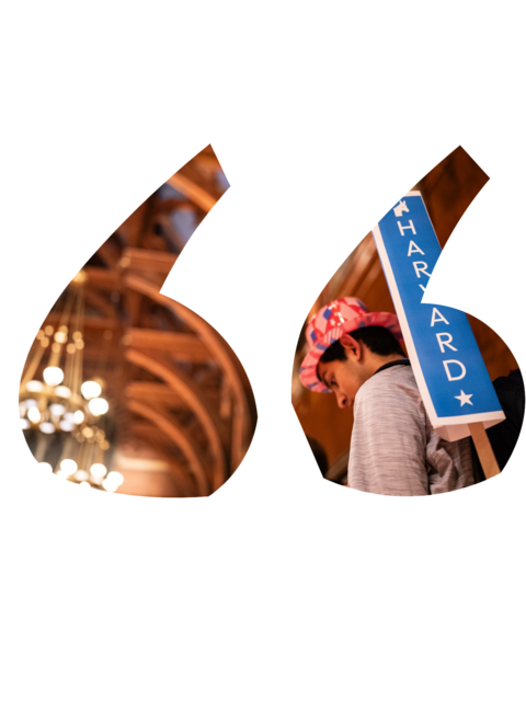 Quote graphic with an image of a student in Memorial transept during a voting night event for the 2024 Presidential election.